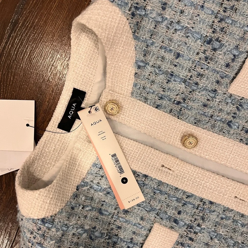 Aqua Light Blue Tweed Cropped Jacket with Cream Trim - Picture 3 of 4